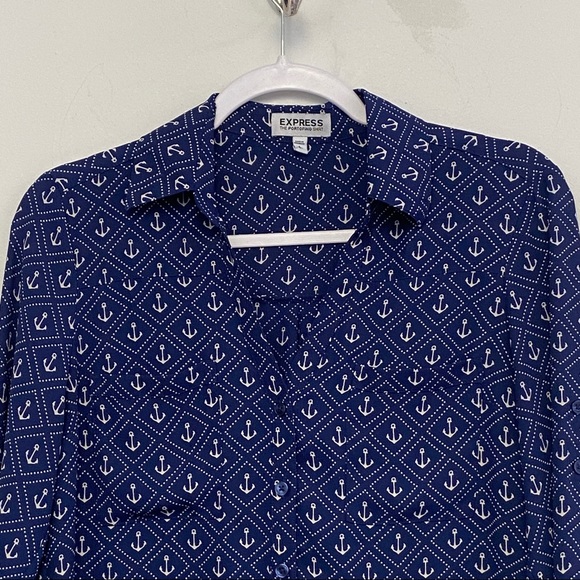Express The Portofino Shirt Women's Size Small Navy Blue White Anchors Nautical - Picture 2 of 9